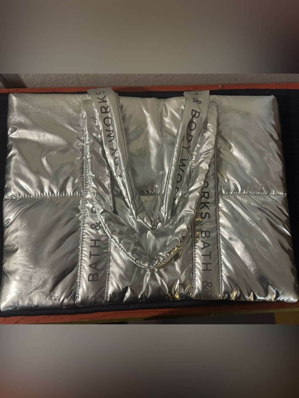 Bath & Body Works Shiny Silver Puffer Tote